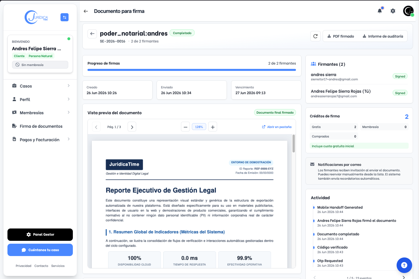 Panel de Firma electrónica en JuridicaTime
