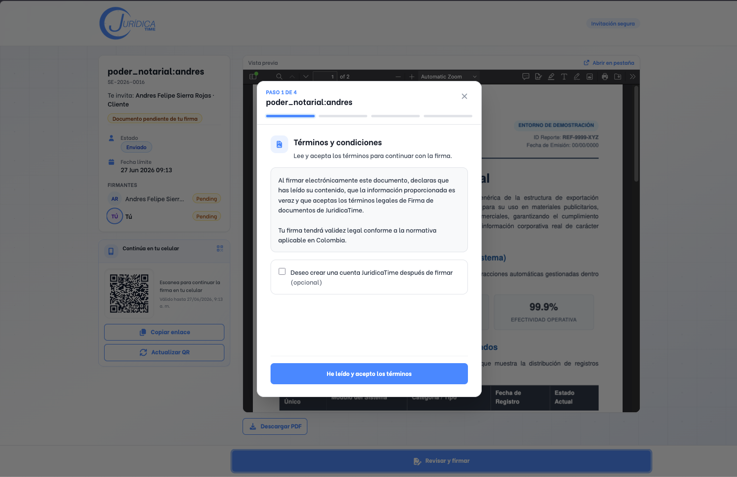 Paso 1: aceptación de términos para firma electrónica